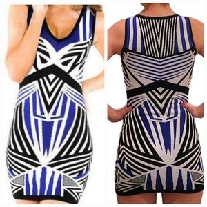Small Petite Wow Couture Geometric Pattern Blue Black and White Mini Dress